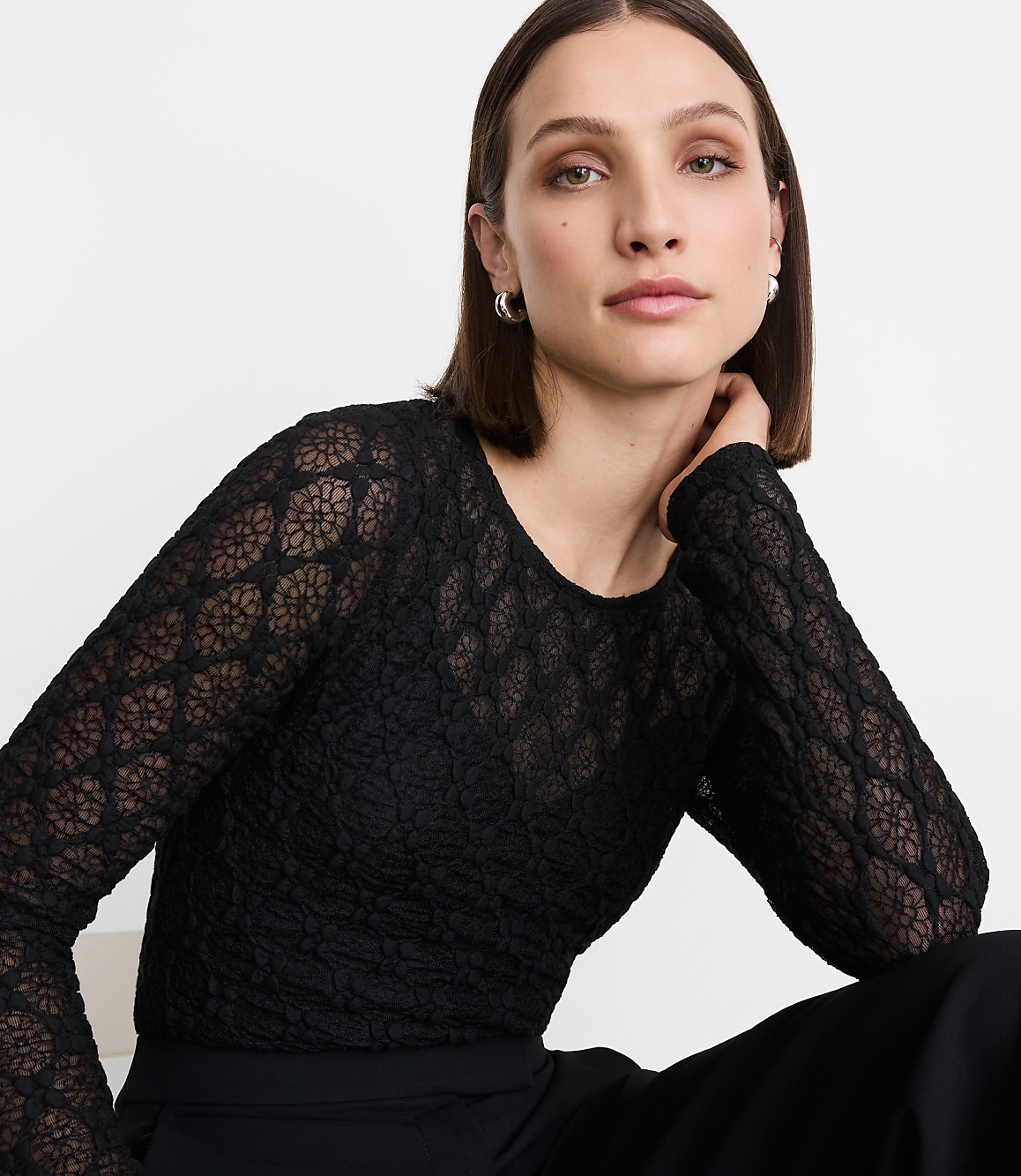 Petite LOFT Versa Geo Lace Long Sleeve Top