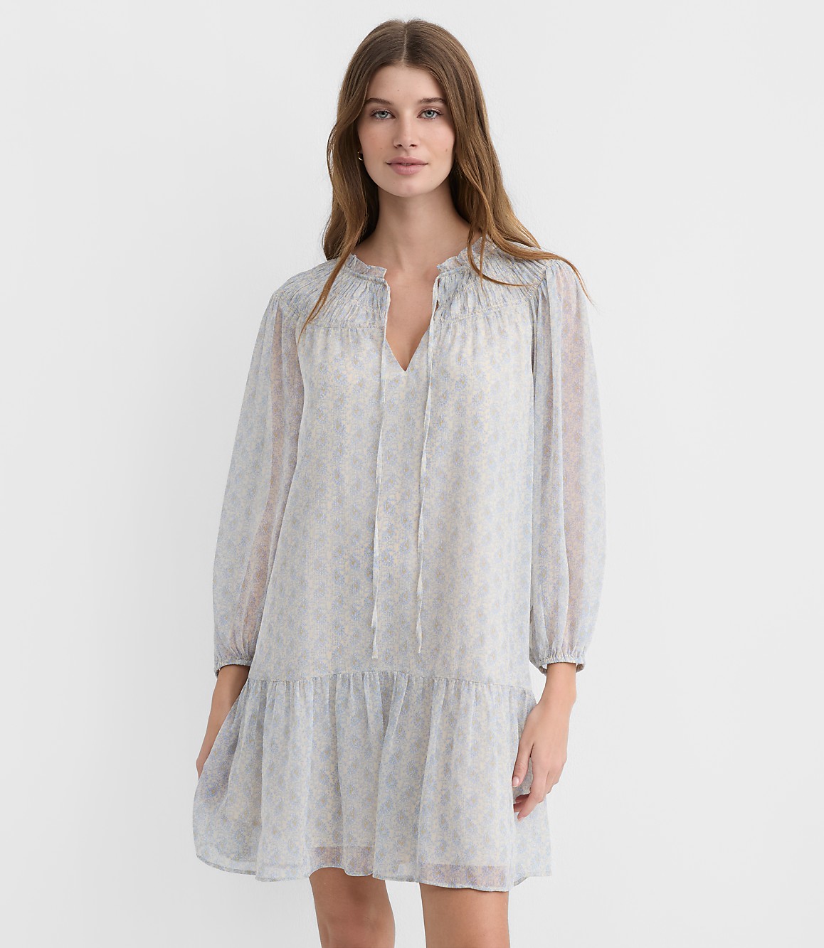 Petite Paisley Smocked Tie Neck Mini Dress