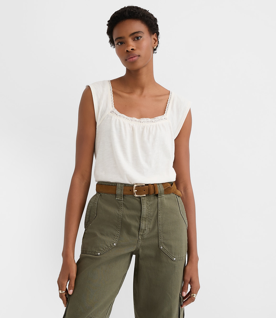Petite Lace Trim Square Neck Top