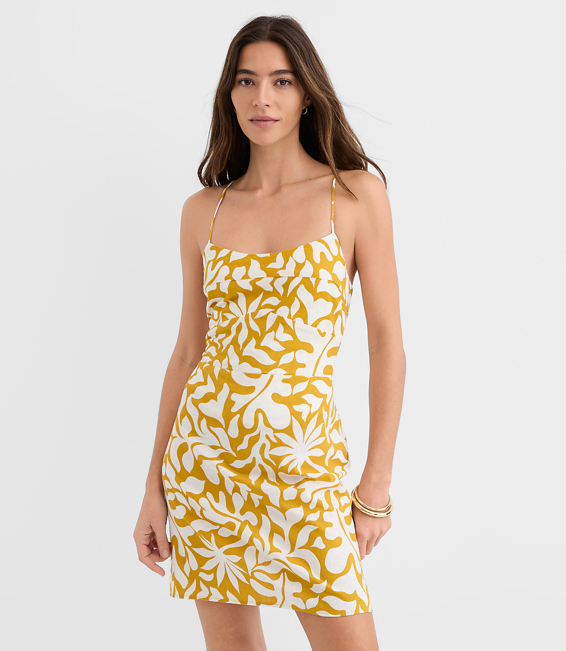 Petite LOFT Beach Palm Linen Cotton Strappy Back Mini Dress