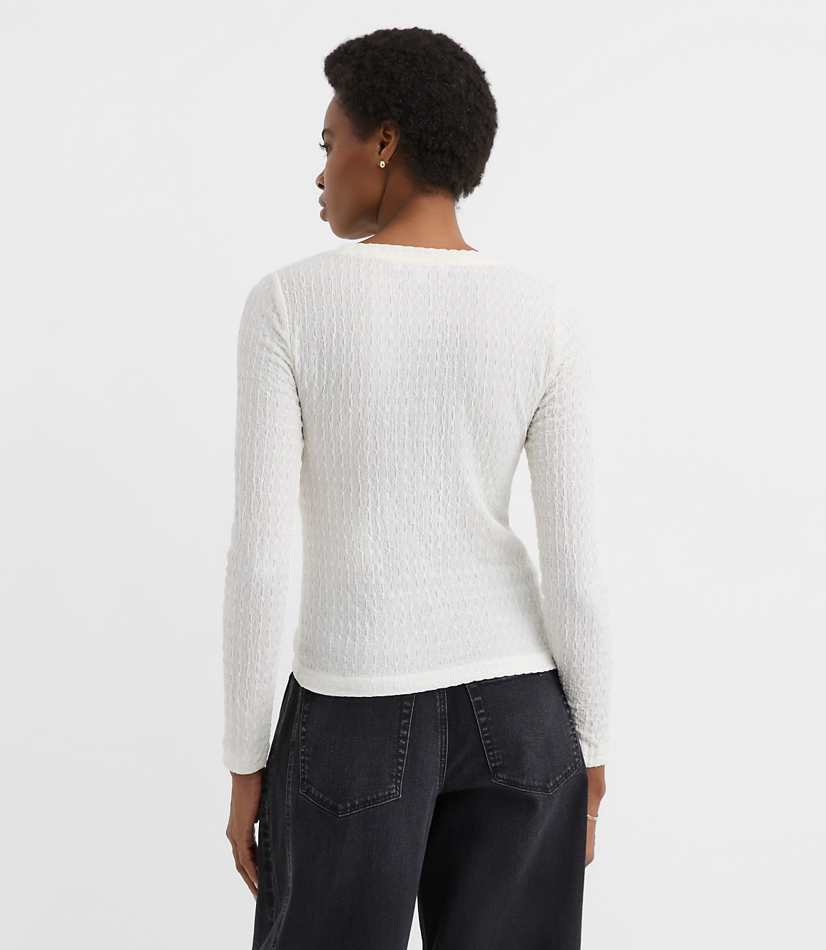 Petite Puckered Long Sleeve Crew Neck Tee