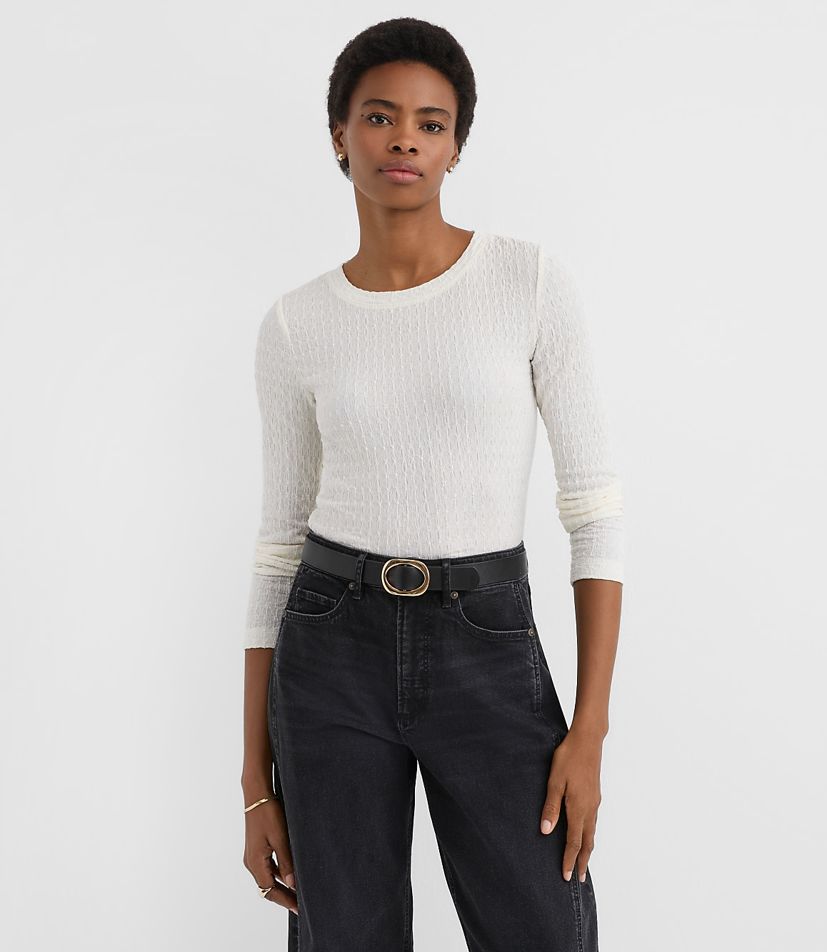 Petite Puckered Long Sleeve Crew Neck Tee