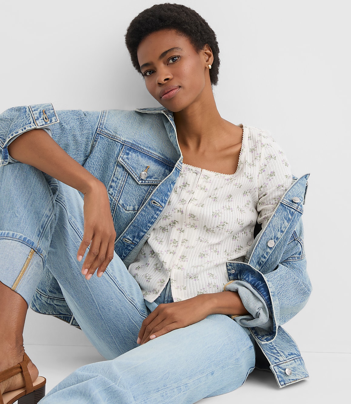 Petite Floral Scalloped Ribbed Square Neck Cardigan