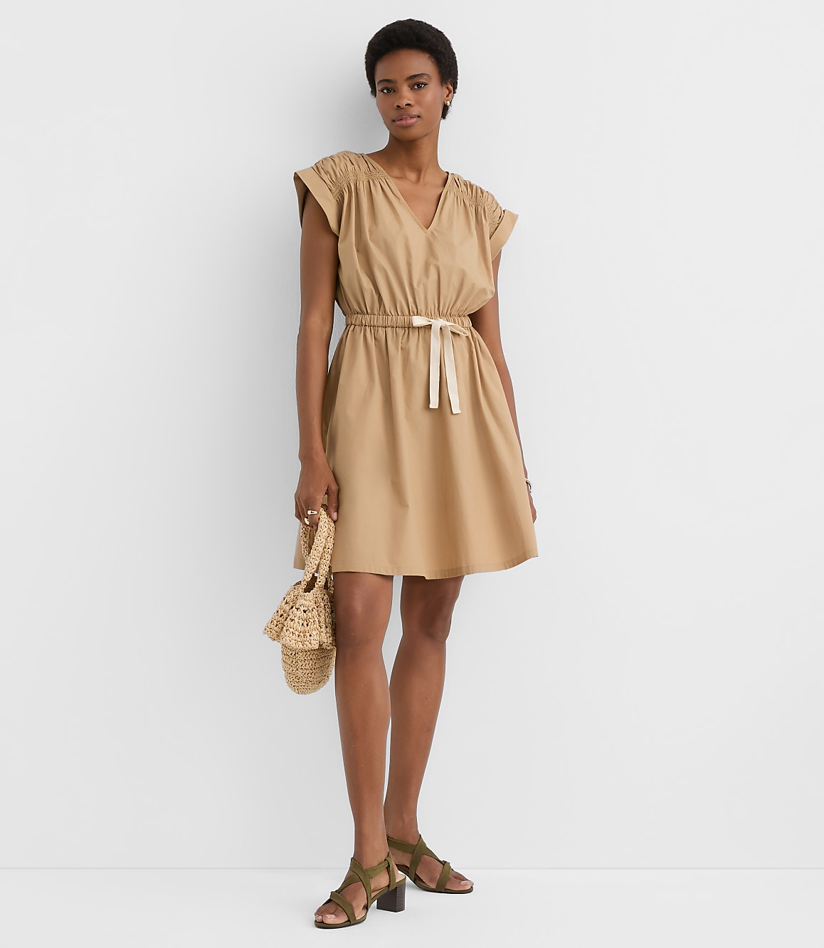 Petite Poplin Shirred Tie Waist Mini Dress