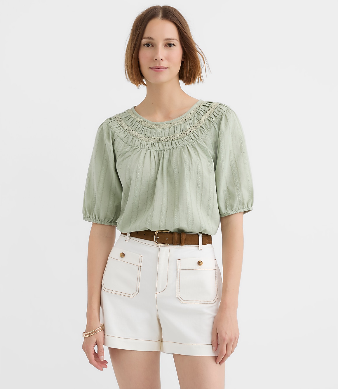 Petite Striped Lace Trim Yoke Blouse