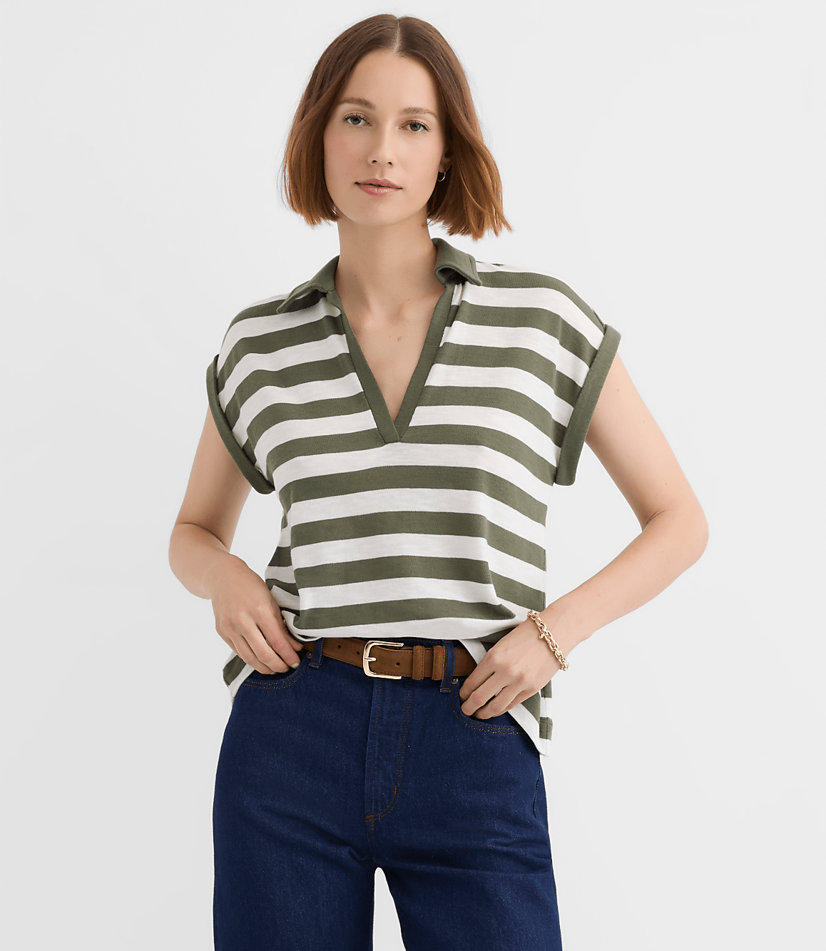 Petite Stripe Collared Split Neck Top