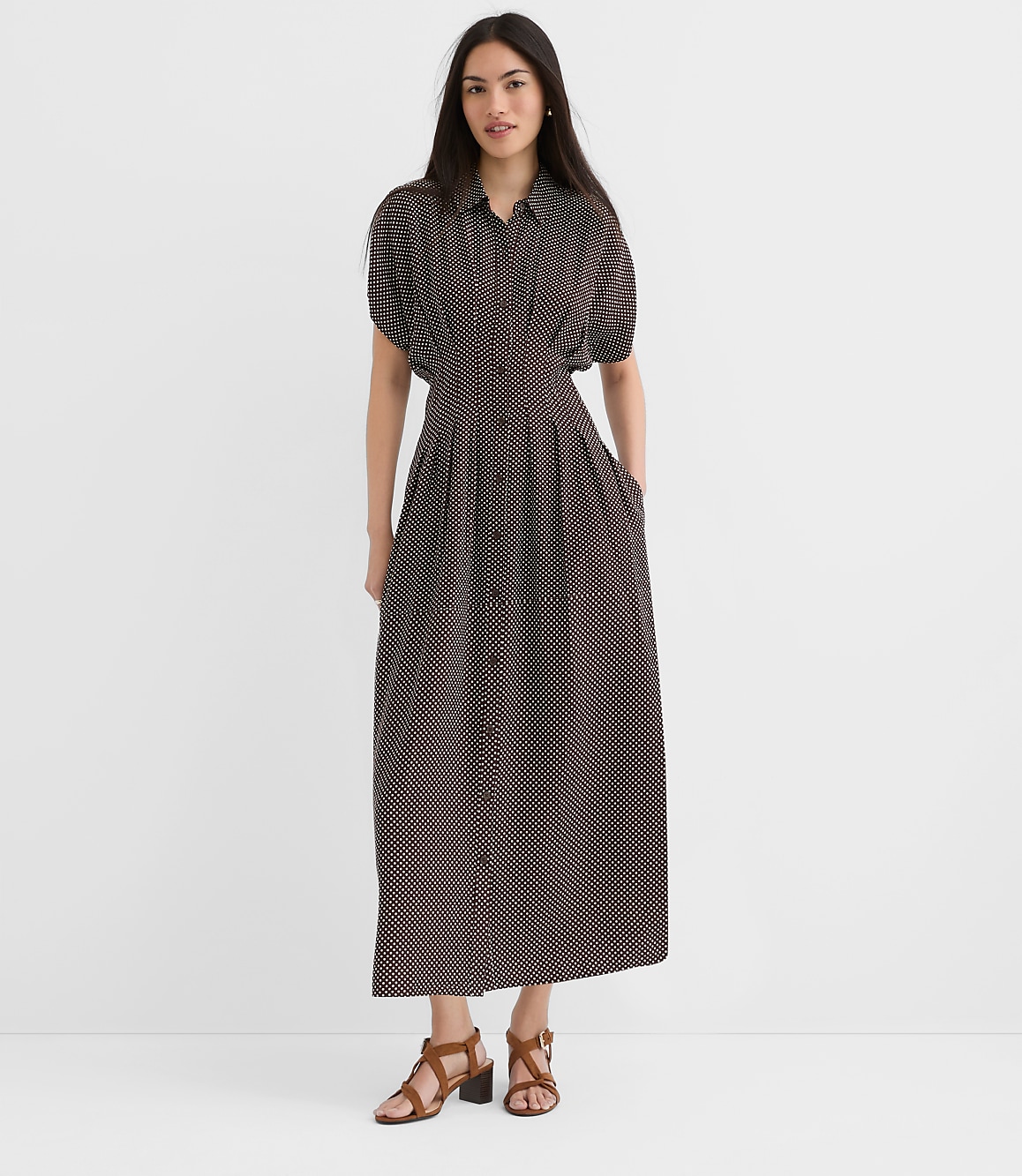 Petite Pindot Pleated Midi Pocket Shirtdress