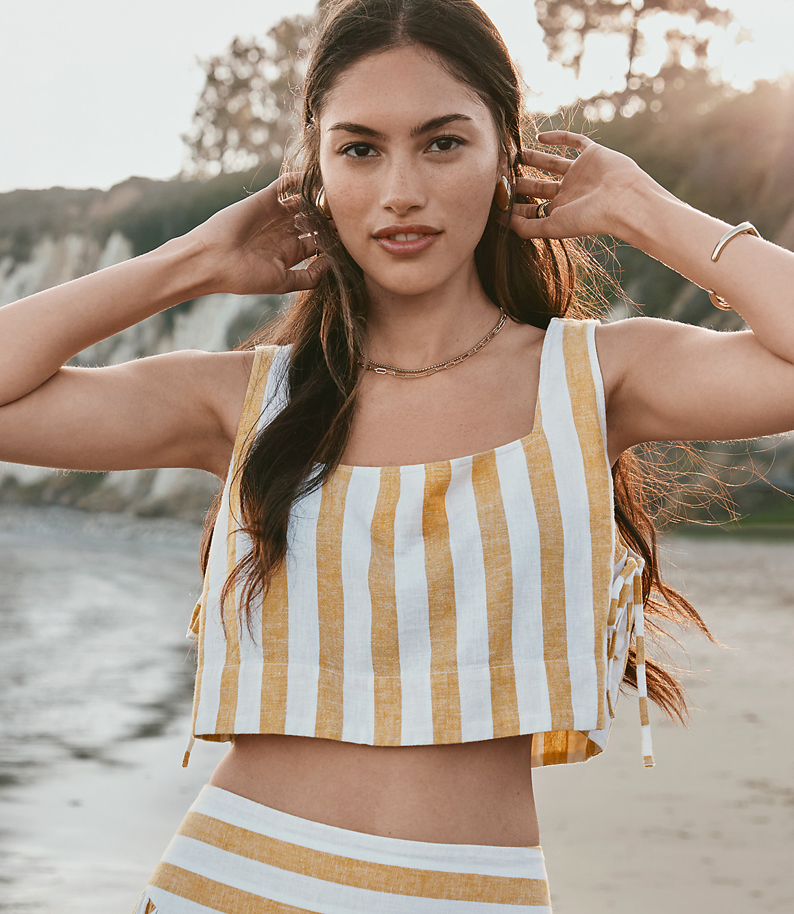 LOFT Beach Striped Side Tie Linen Cotton Crop Top