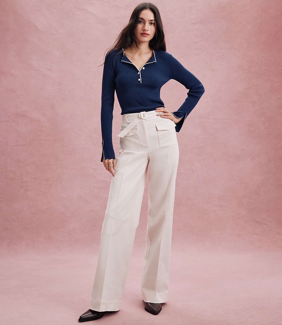 Petite Belted Palmer Wide Leg Pants in Pique