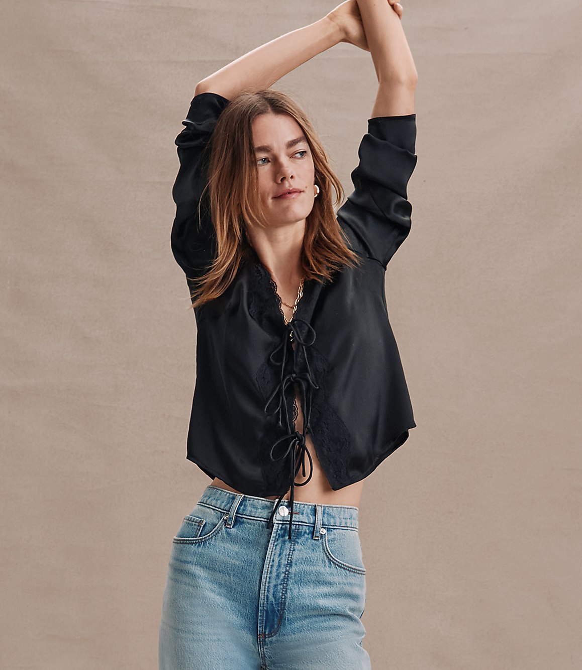 Petite Lace Trim Satin Bow Blouse