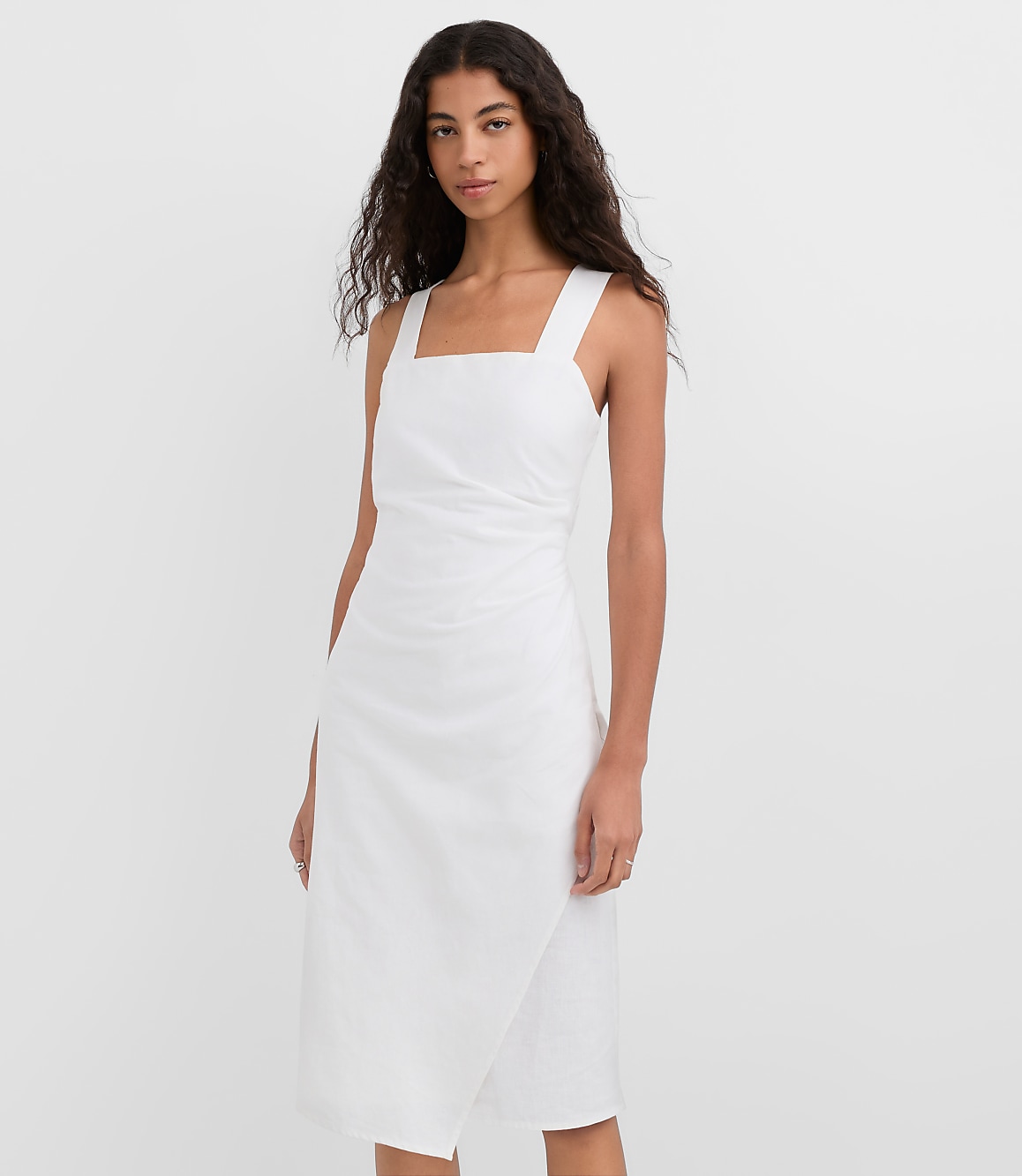 Ruched Linen Cotton Square Neck Midi Dress