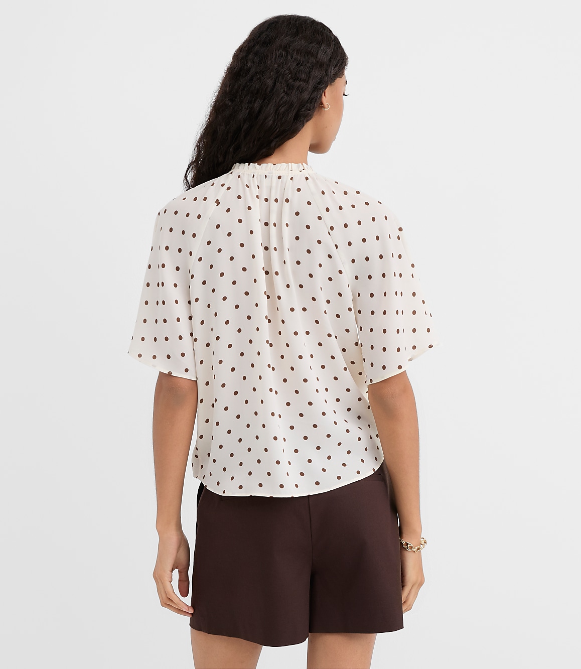 Dotted Ruffle Cuff Tie Neck Blouse