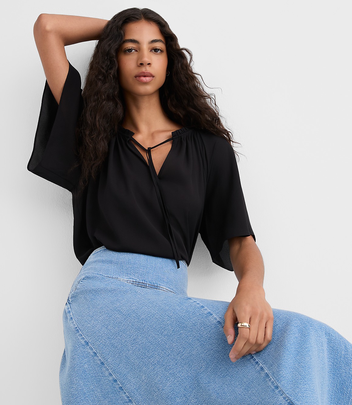 Shirred Ruffle Tie Neck Blouse