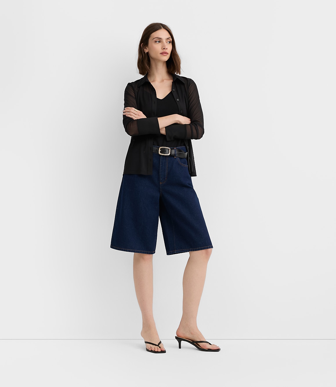 Rivete High Rise Denim Bermuda Shorts in Dark Rinse