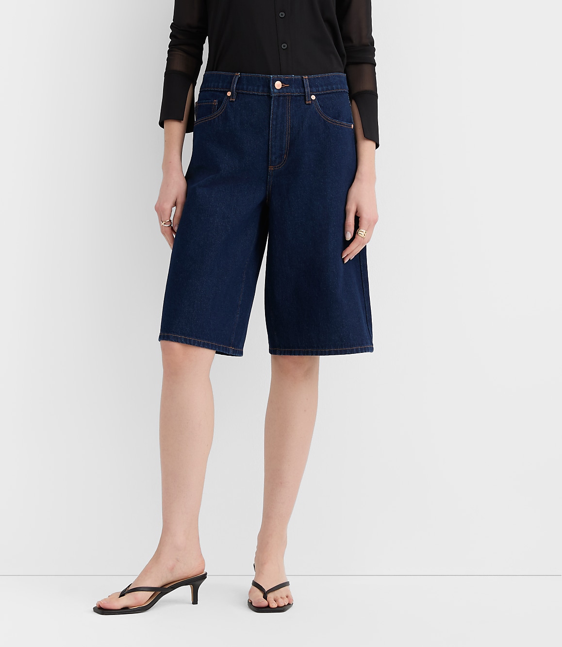 Rivete Petite High Rise Denim Bermuda Shorts in Dark Rinse