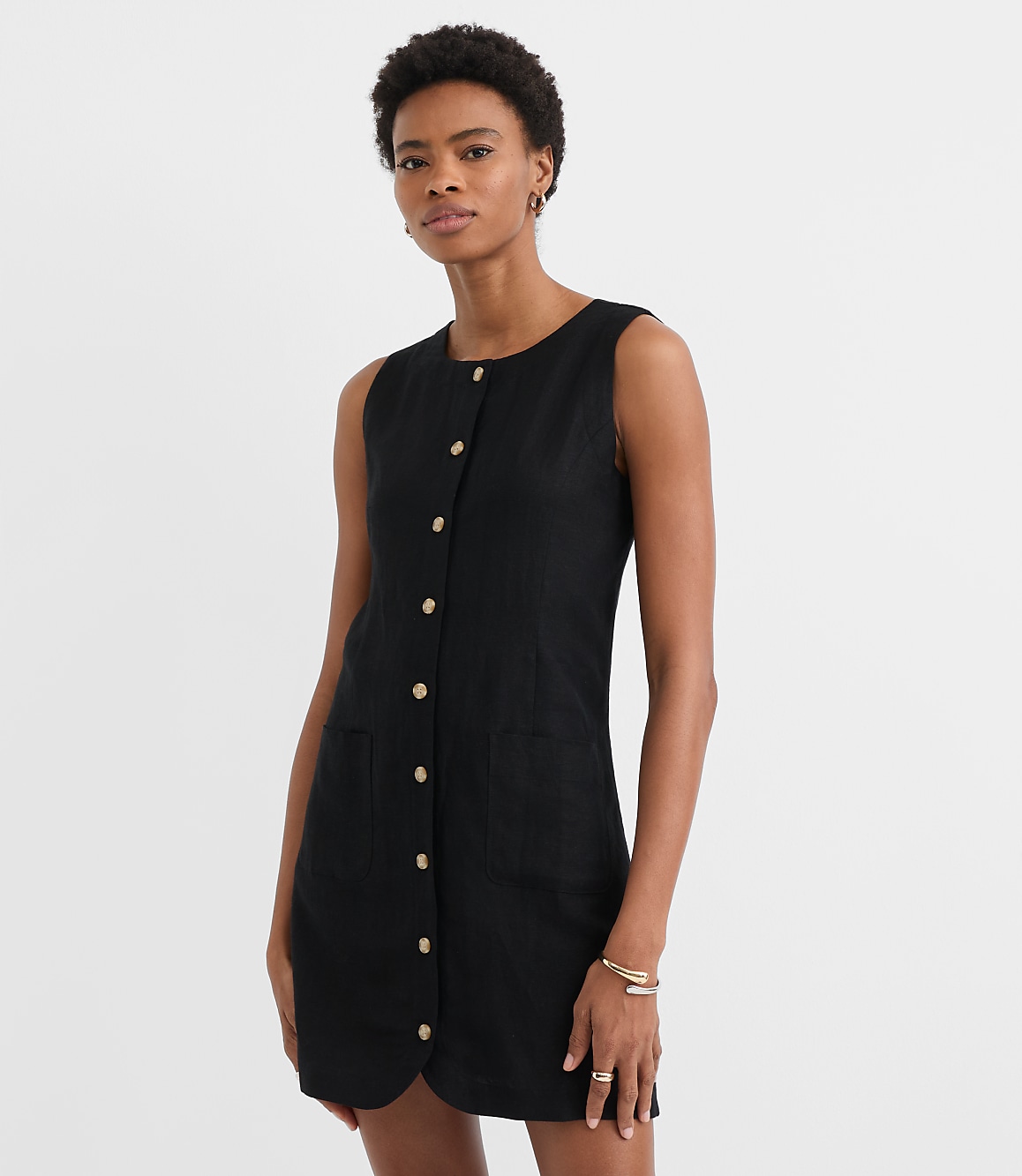 Linen Blend Button Mini Pocket Dress