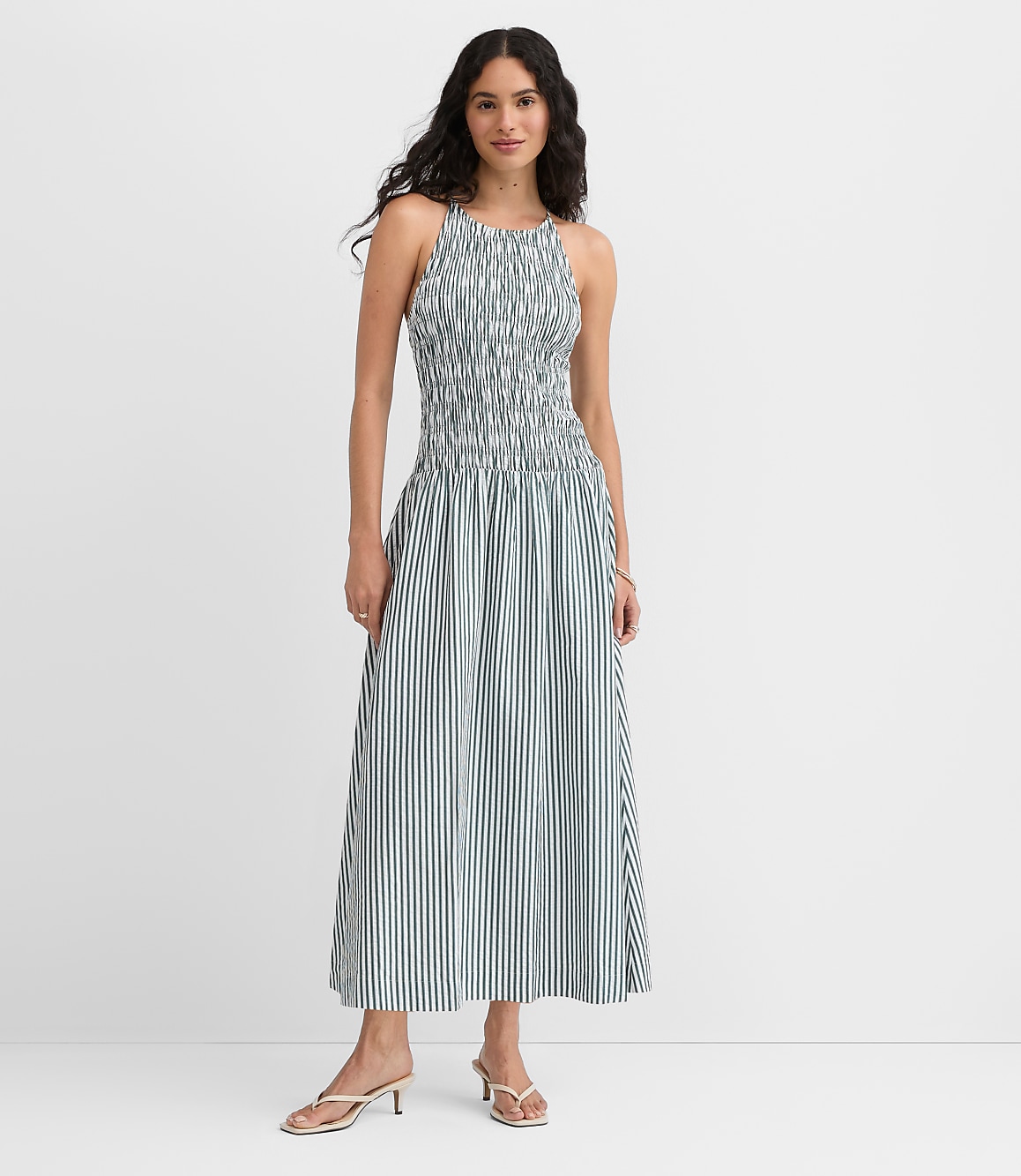 Petite Striped Smocked Halter Midi Dress