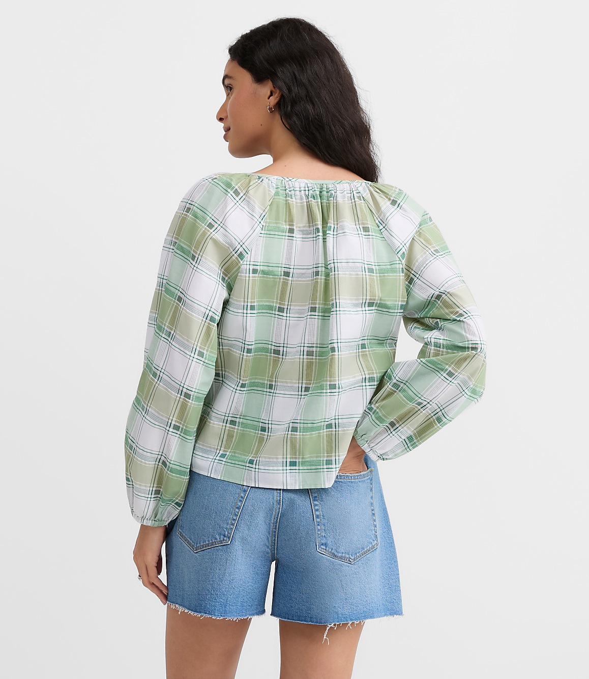Petite Plaid Gathered Keyhole Blouse