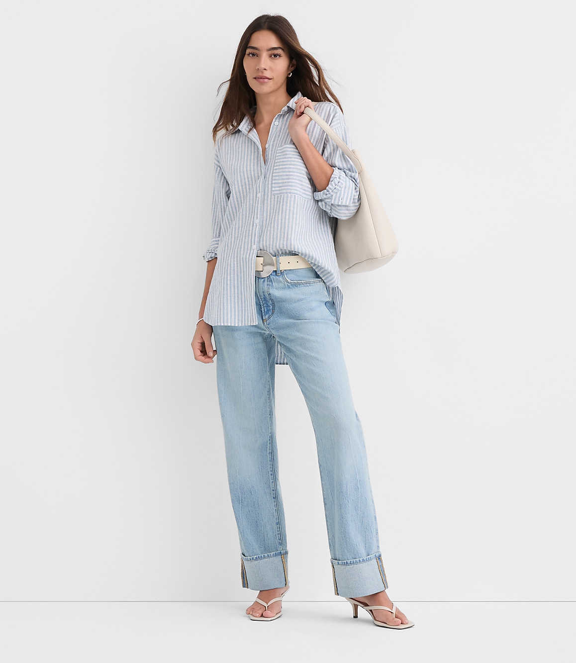 Petite Striped Linen Cotton Everyday Oversized Pocket Shirt