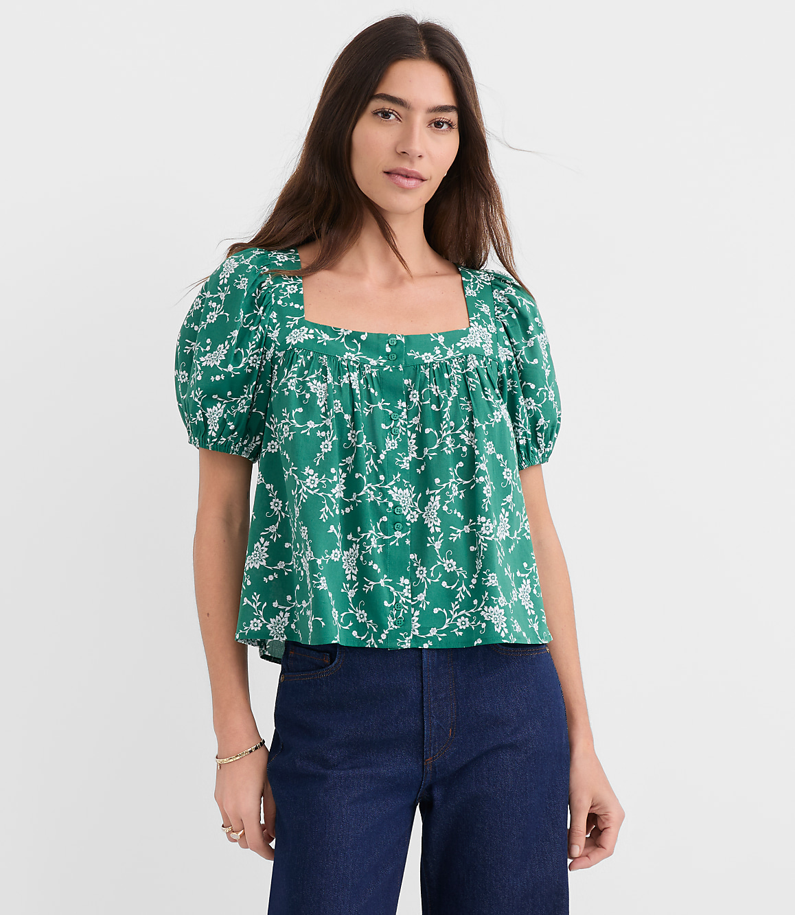 Petite Bouquet Puff Sleeve Square Neck Blouse
