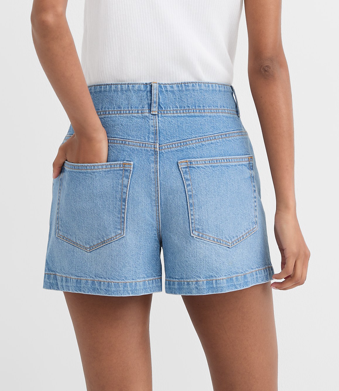 Rivete Double Shank High Rise Denim Shorts in Mid Wash
