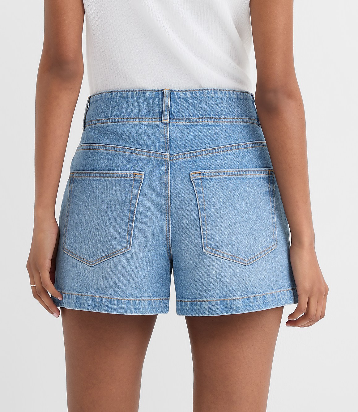 Rivete Curvy Double Shank High Rise Denim Shorts in Mid Wash