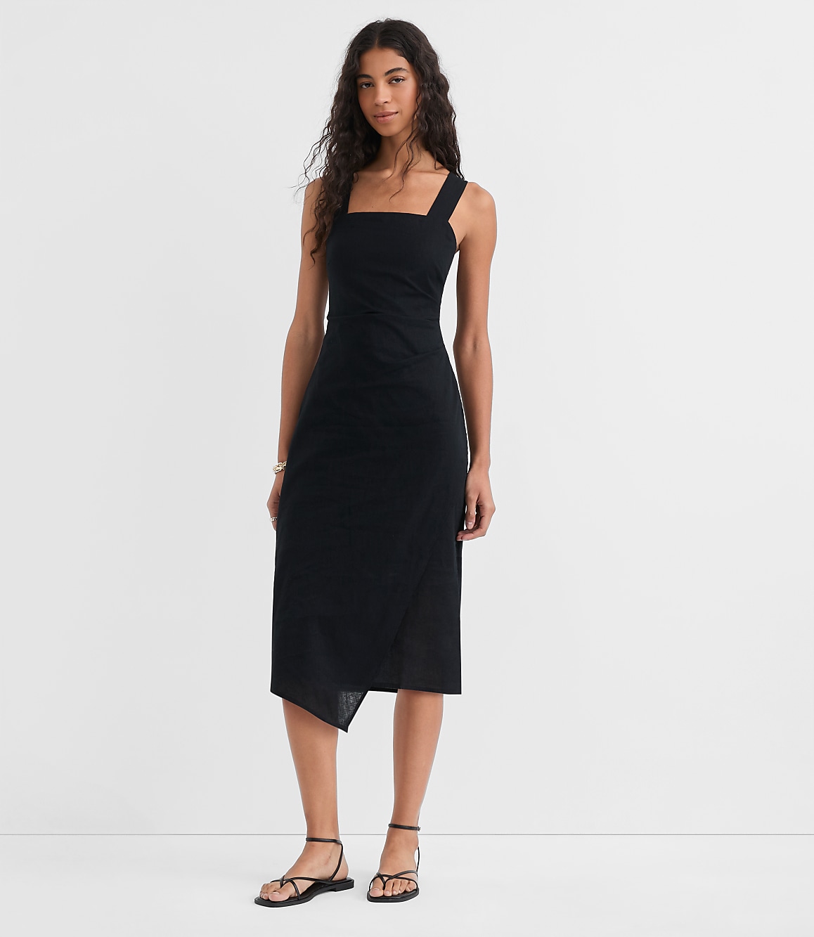 Ruched Linen Cotton Square Neck Midi Dress