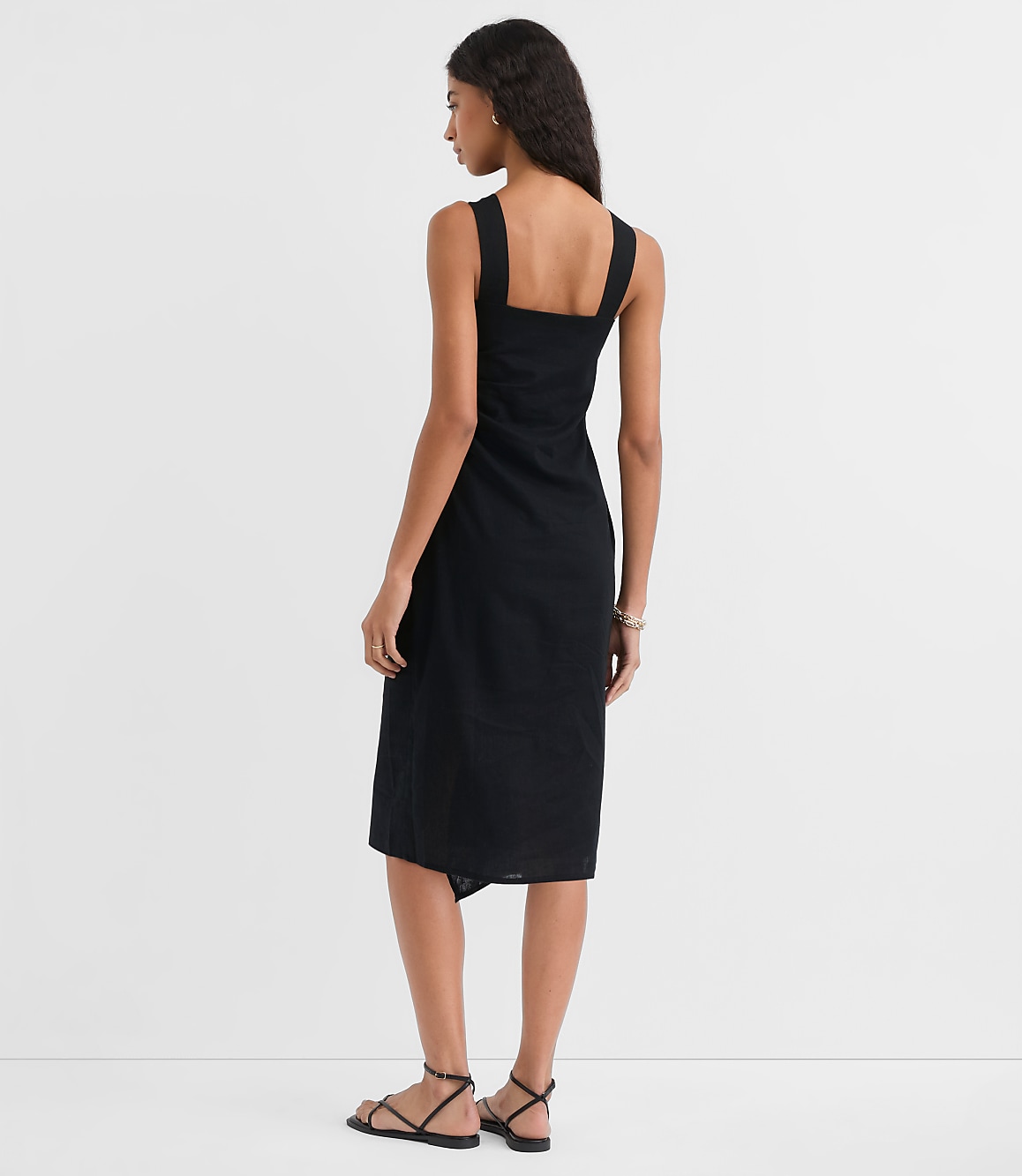 Ruched Linen Cotton Square Neck Midi Dress