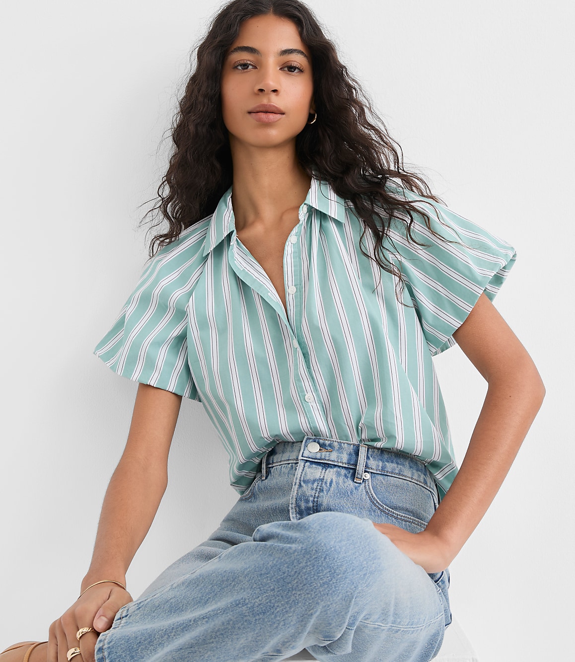 Striped Poplin Bubble Sleeve Shirt