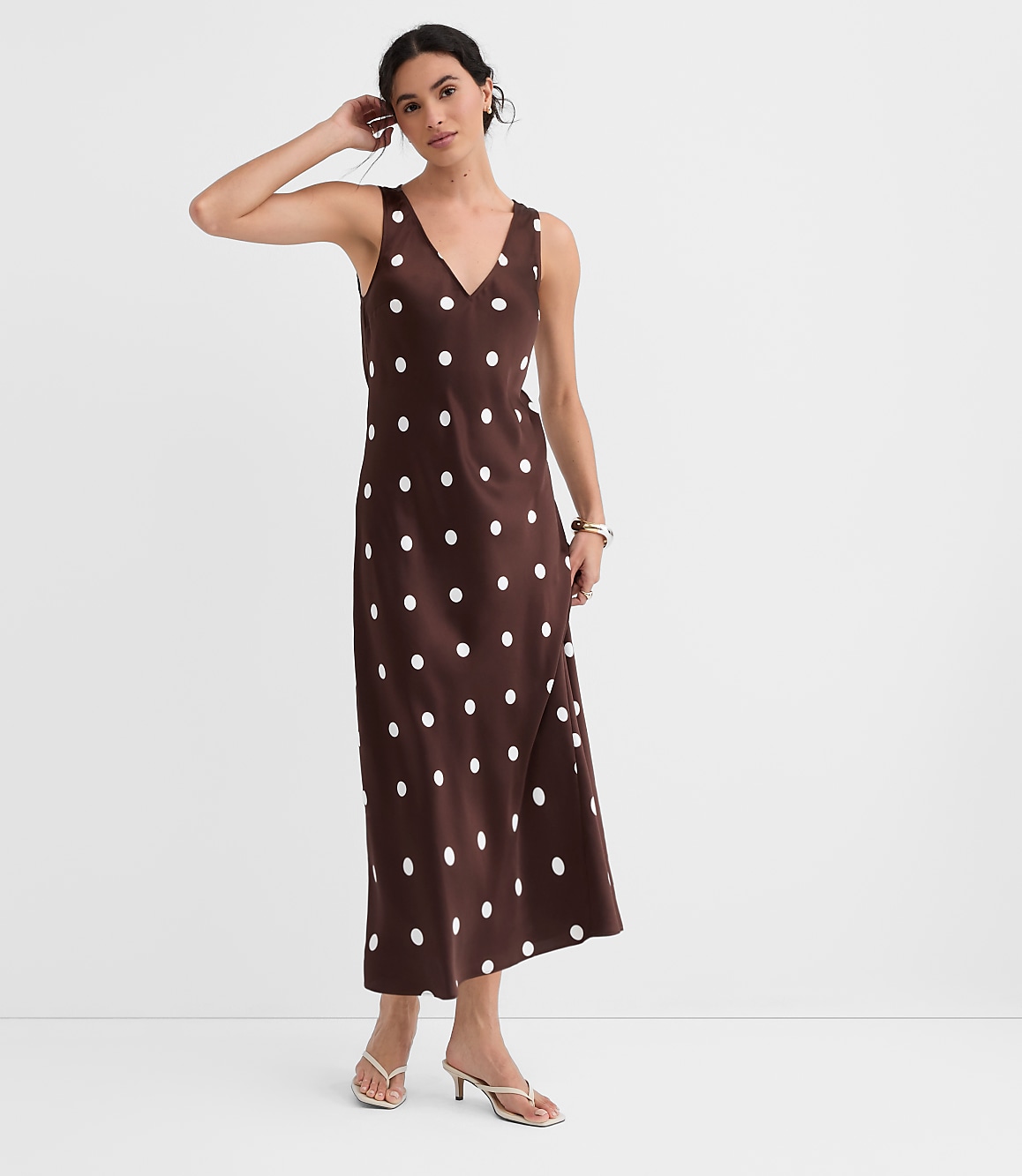 Petite Dotted Satin V-Neck Bias Maxi Dress