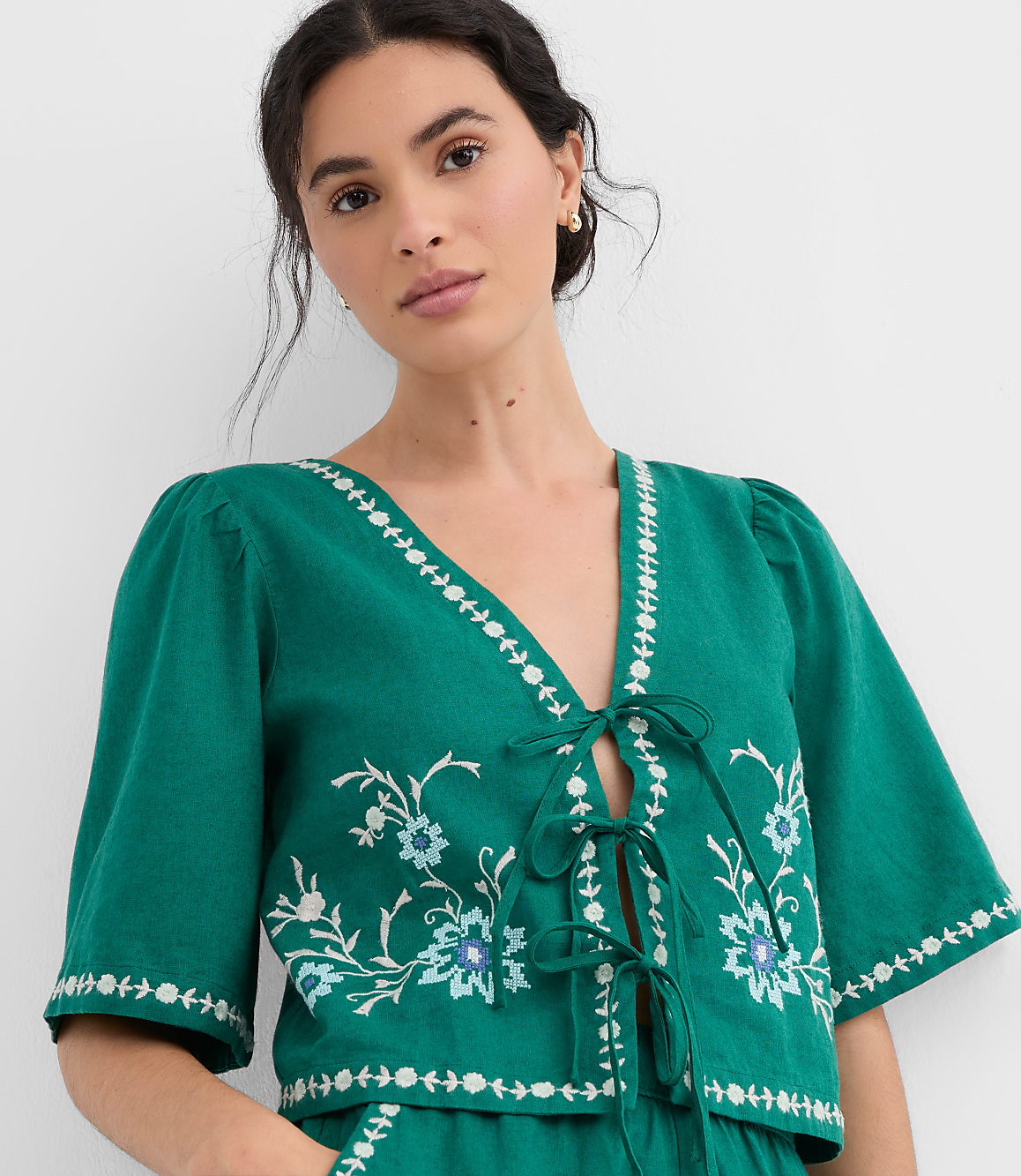 Floral Linen Cotton Bow Blouse