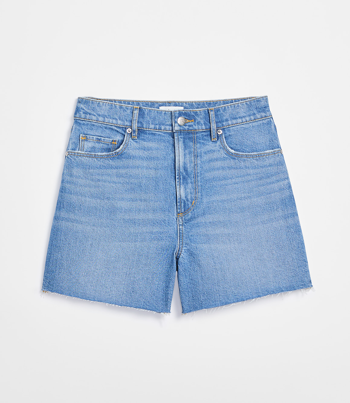 Rivete Tall Curvy High Rise Cut Off Denim Shorts in Mid Wash