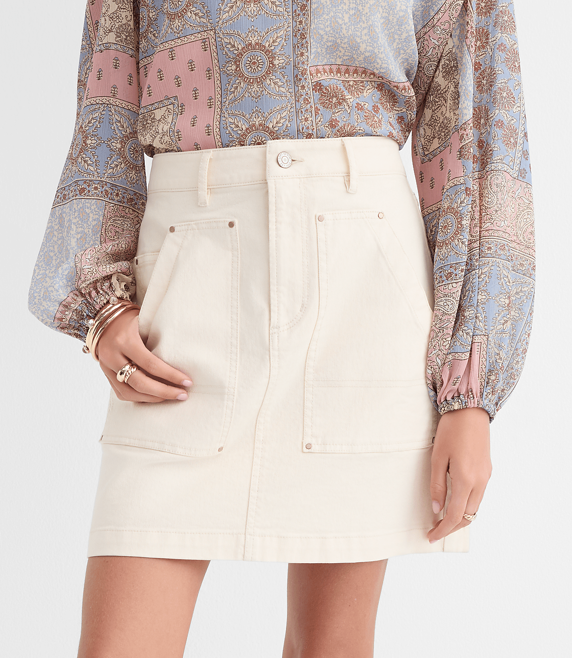 Petite Denim Carpenter Mini Skirt in Ivory