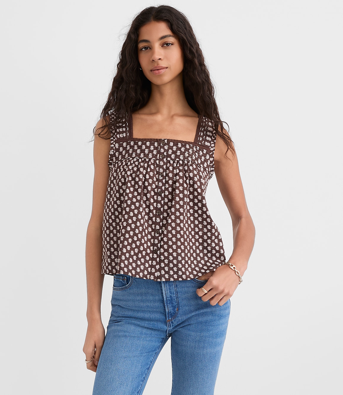 Petite Floral Pleated Square Neck Blouse