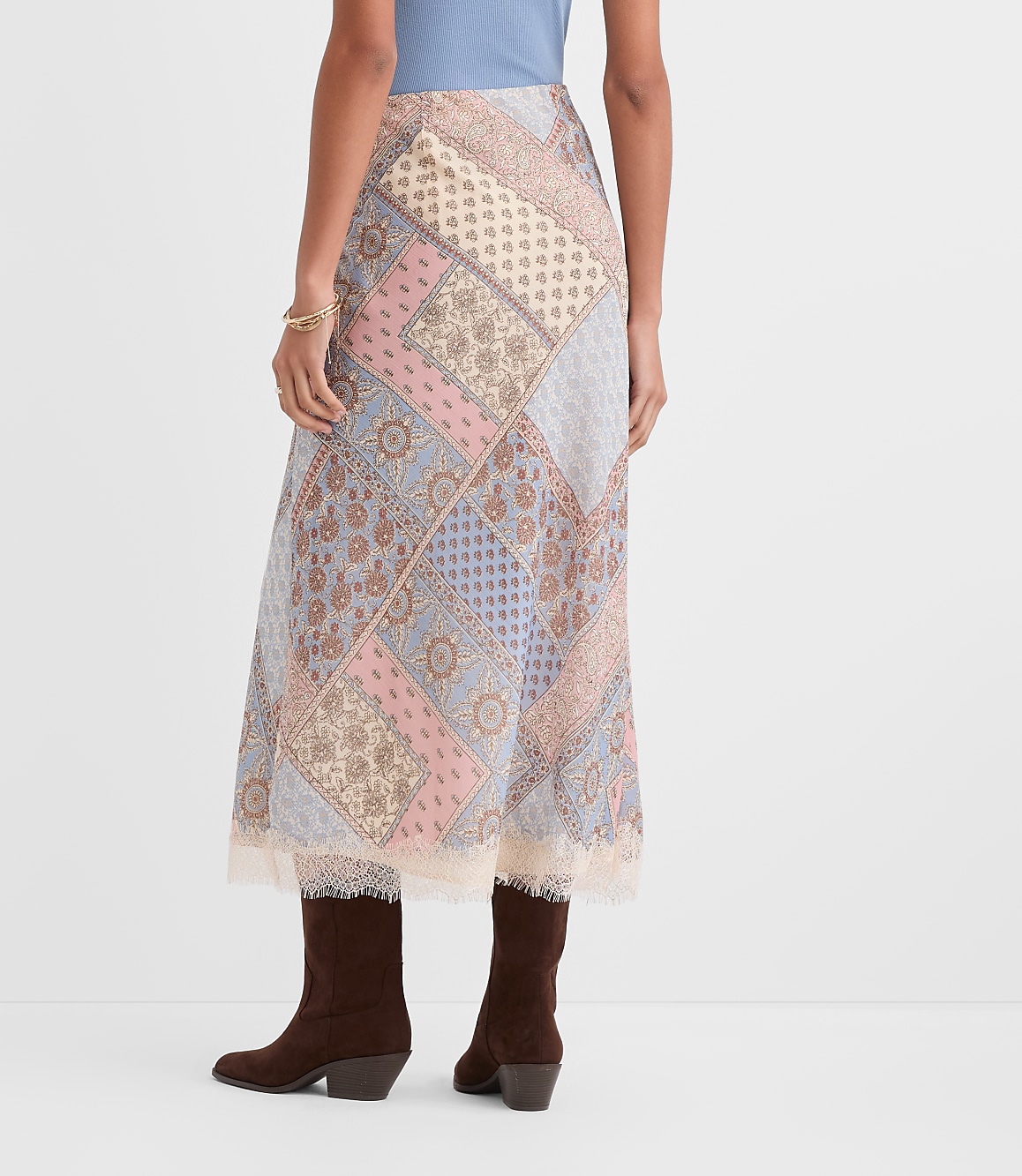 Petite Patchwork Lace Trim Bias Midi Skirt