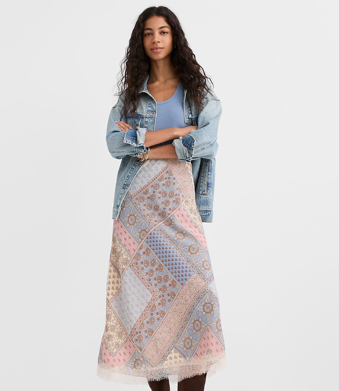Petite Patchwork Lace Trim Bias Midi Skirt