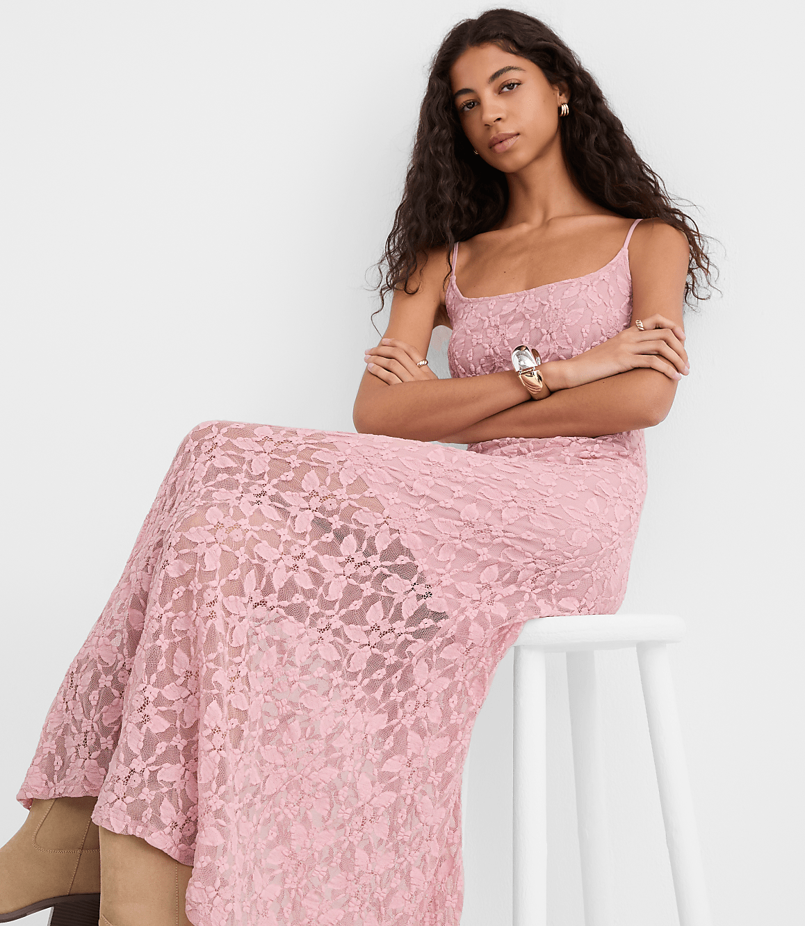 Petite Lace Strappy Scoop Neck Midi Dress