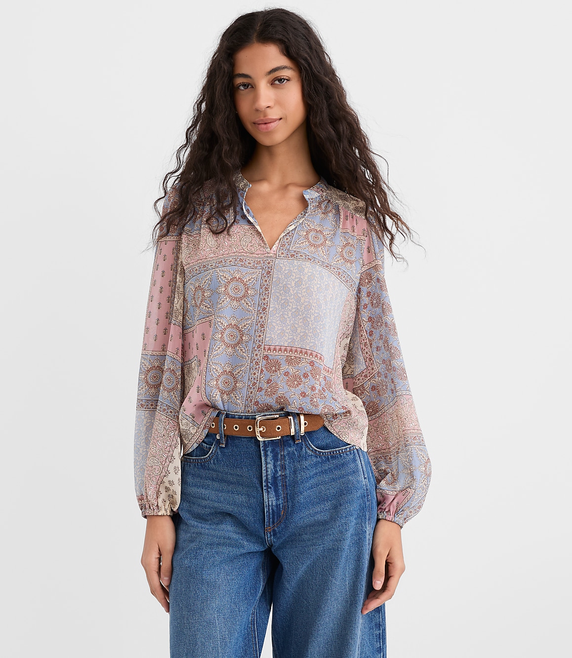 Patchwork Split Neck Blouse