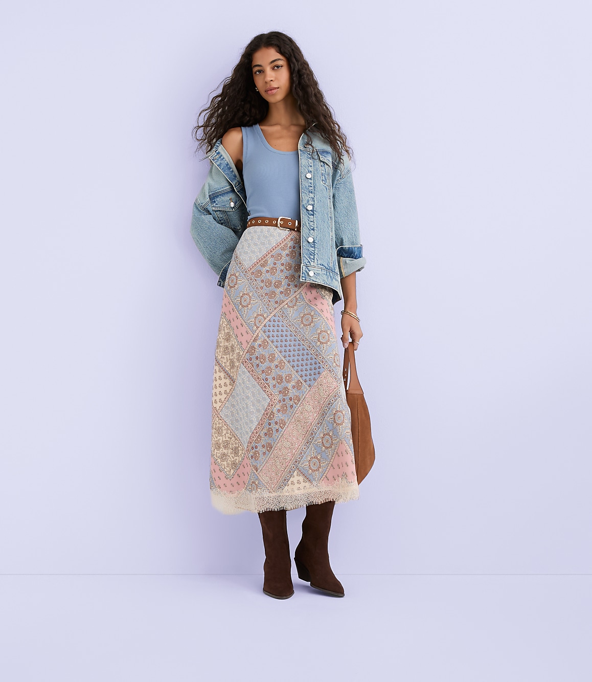 Petite Patchwork Lace Trim Bias Midi Skirt