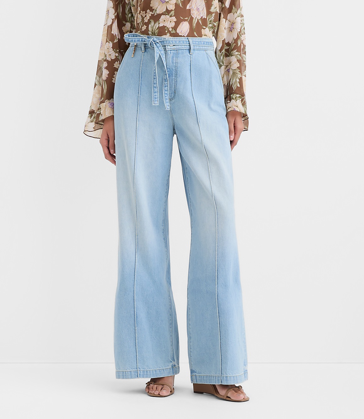 Tie Waist High Rise Palazzo Jeans in Light Wash