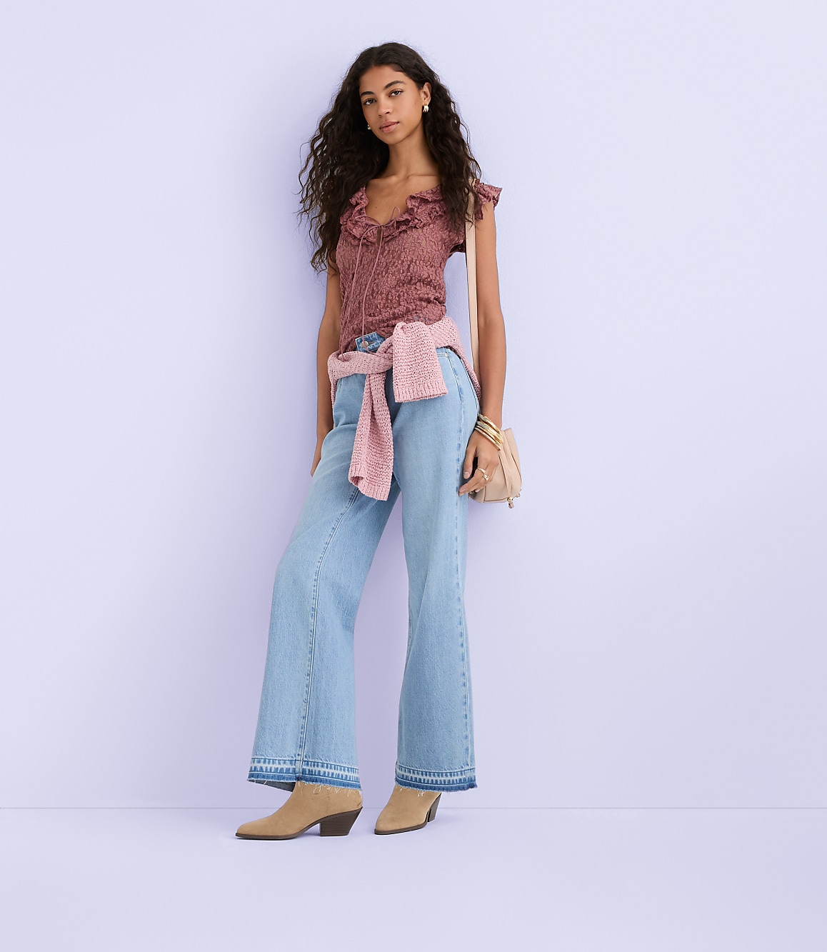 Lace Ruffle Tie Neck Top