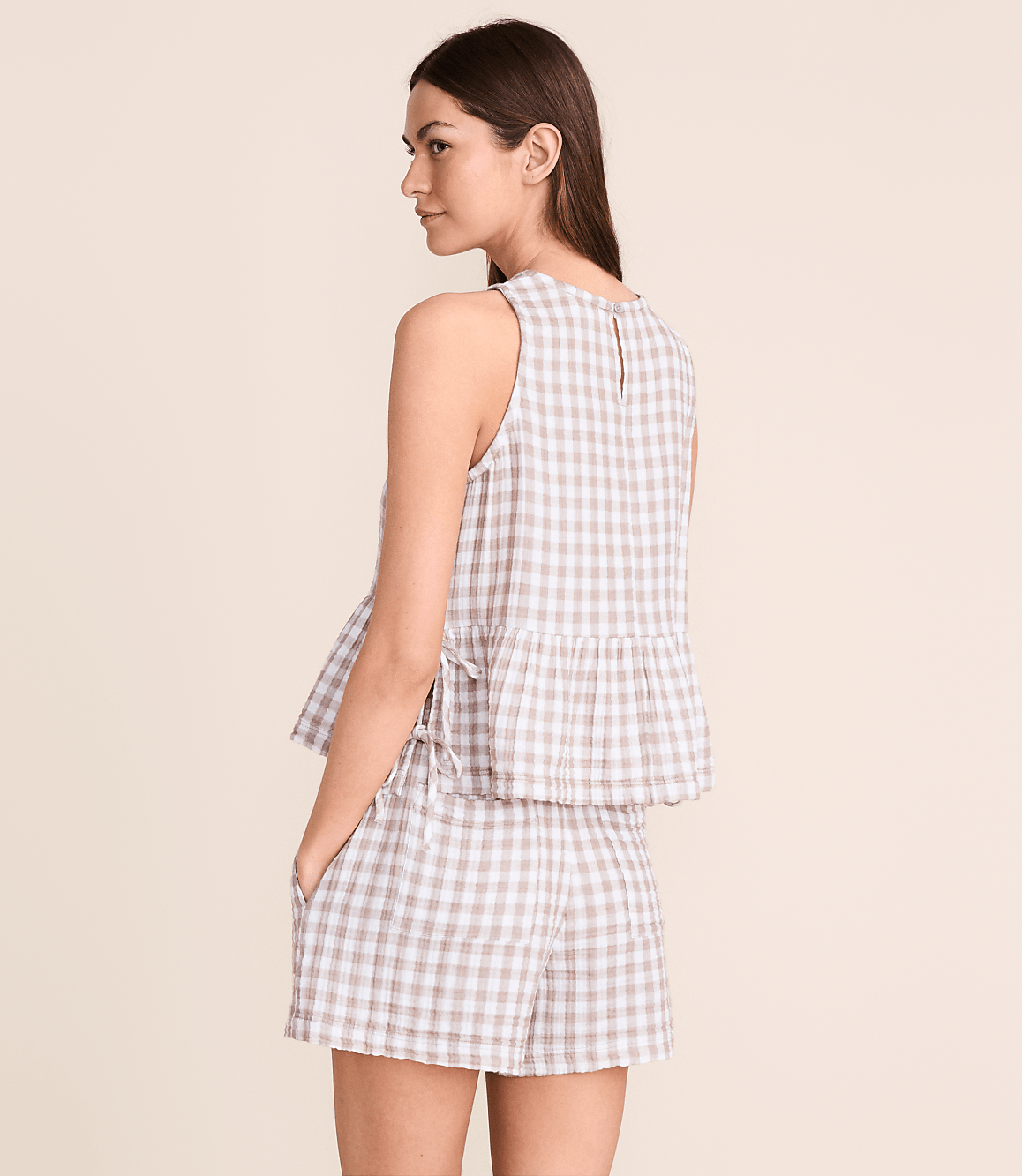 Petite Lou & Grey Checkered Triple Cloth Side Tie Peplum Top
