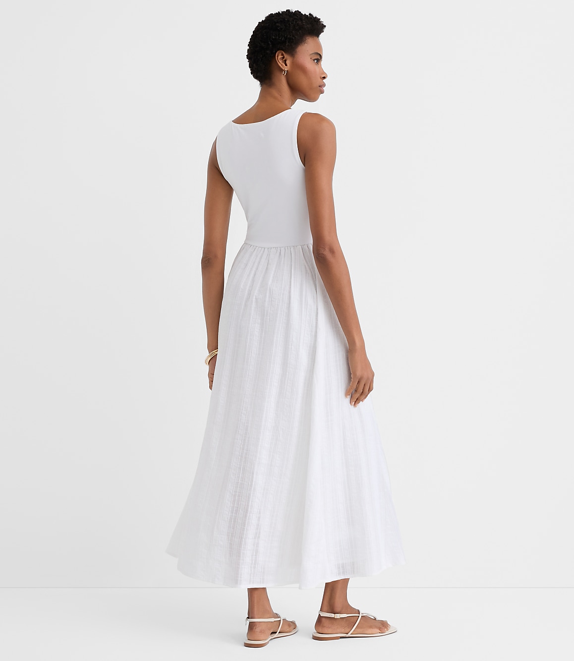 Petite Stripe Ruched Mixed Media Midi Pocket Dress