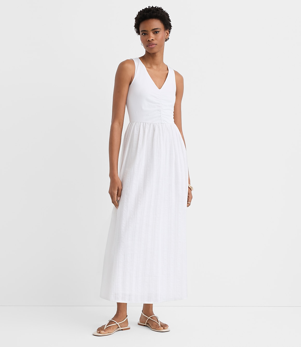 Petite Stripe Ruched Mixed Media Midi Pocket Dress