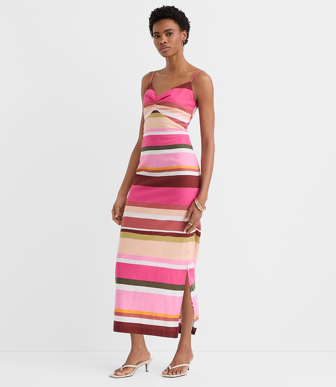 Petite Striped Linen Cotton Strappy Midi Dress