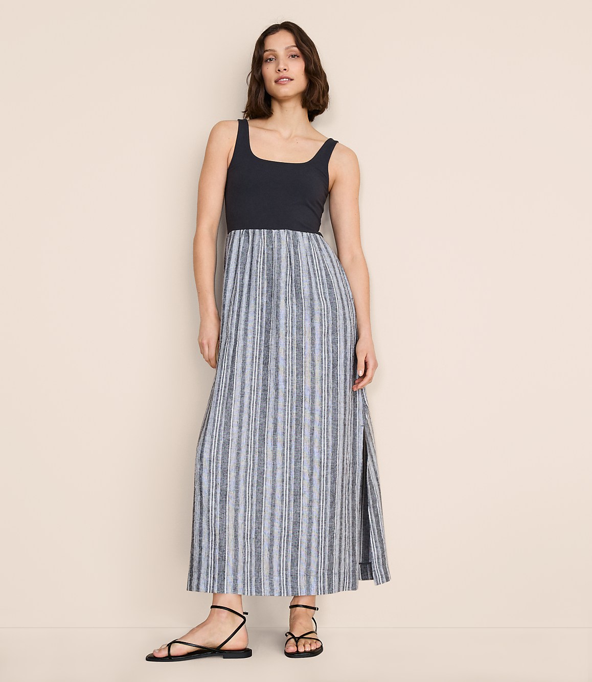 Petite Lou & Grey Striped Linen Cotton Mixed Media Maxi Pocket Dress