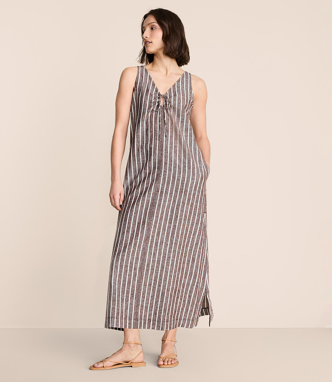 Lou & Grey Striped Linen Cotton Tie Keyhole Maxi Pocket Dress