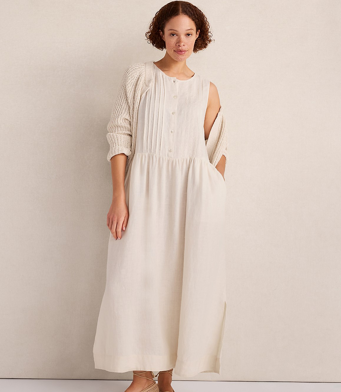 wellbeing linen dress Loft Haven Well Within Linen Pintuck Midi Dress Size Small Sandstone Women's
