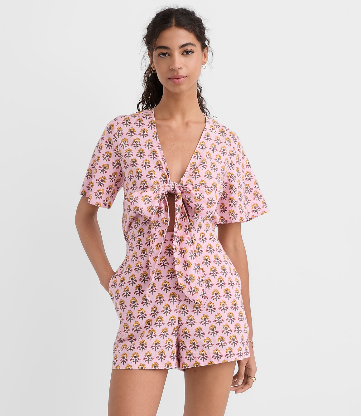 LOFT Beach Garden Tie Front Linen Cotton Romper