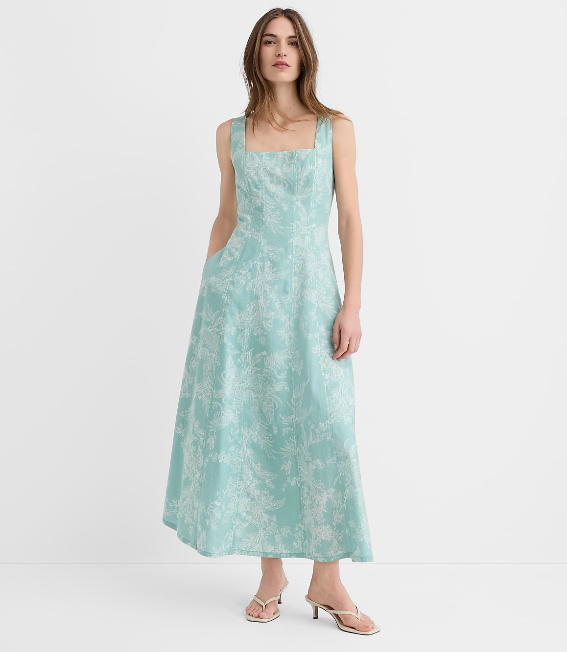 Floral Toile Linen Cotton Seamed Midi Pocket Dress